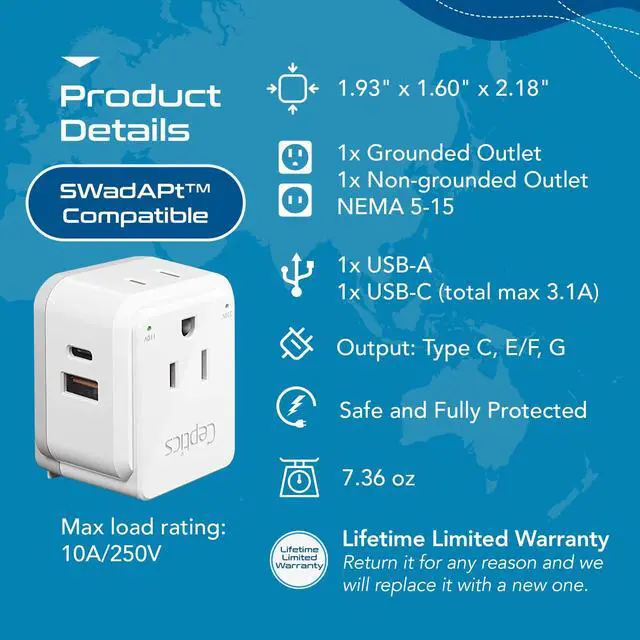 Alt view image 4 of 7 - European Plug Travel Adapter Set, 20W PD & QC, Safe Dual USB & USB-C - 2 USA Socket - Compact - Use in Germany, France, Italy, UK - Includes Type E/F, Type C, Type G SWadAPt Attachments