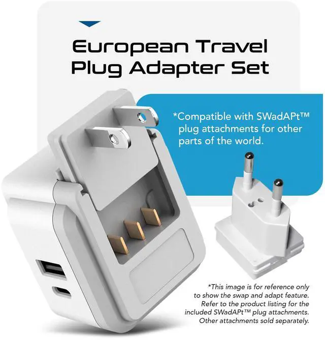 Alt view image 6 of 7 - European Plug Travel Adapter Set, 20W PD & QC, Safe Dual USB & USB-C - 2 USA Socket - Compact - Use in Germany, France, Italy, UK - Includes Type E/F, Type C, Type G SWadAPt Attachments