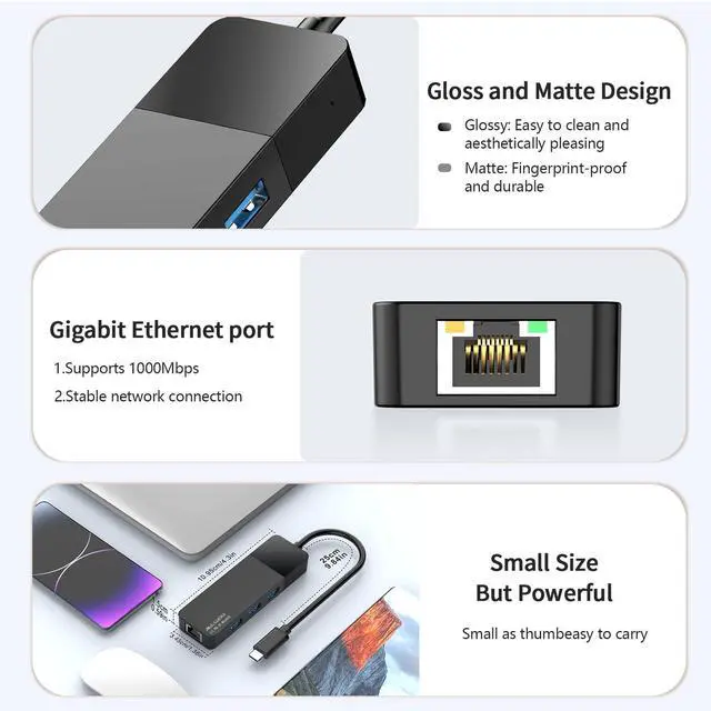 Alt view image 3 of 7 - ALL-LUCKY USB to Ethernet Adapter, 4 in 1 USB C to Ethernet Adapter Hub with 3×USB 3.0 Ports, 1000Mbps Network HUB for MacBook, Dell XPS, Surface, HP Laptops (for USB-C Phones & iPad)