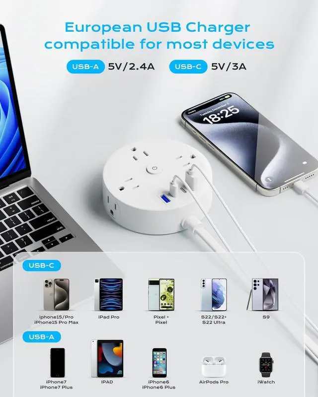 Alt view image 4 of 6 - European Travel Plug Adapter, US to UK Europe Power Strip for EU/UK/US, 6 Outlets 4 USB Ports, 5ft Extension Cord, International Power Adapter for Travel Cruise Ship Home