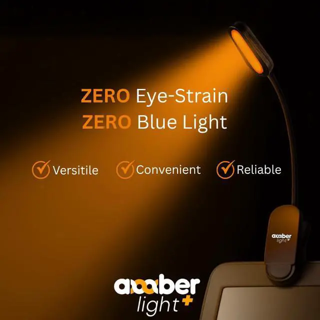 Alt view image 2 of 7 - Giftable Amber Book Light - Blue Light Blocking - Night Reading Booklight Store. Rechargeable. 1600K for Reading in Bed at Night. Perfect as a Giftable Kindle Light and LED Book Light