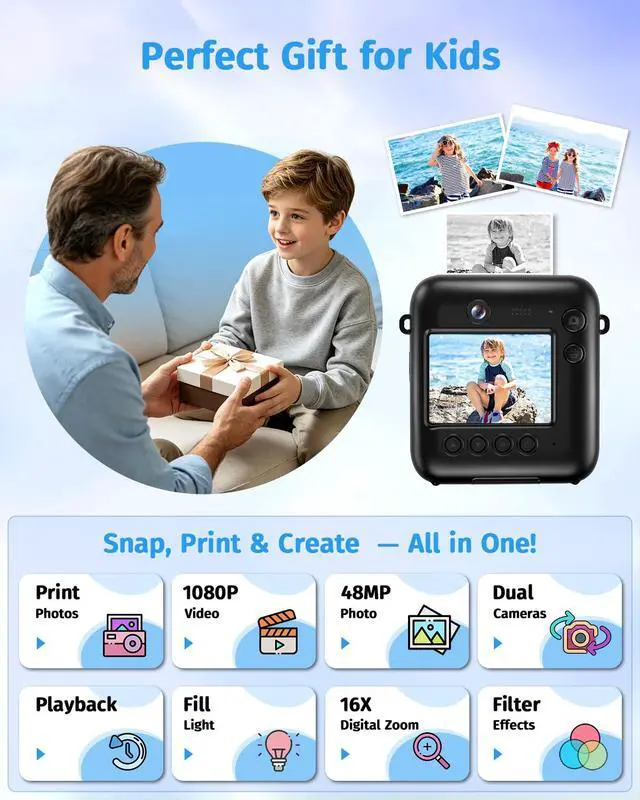 Alt view image 2 of 7 - Instant Camera, 1080P Kids Camera for Girls Boys Christmas Birthday Gifts, Dual-Lens Instant Print Digital Cameras for Kids Teens Toddle, 4 Rolls Print Paper, Toy for Age 4-12 Years (Black)