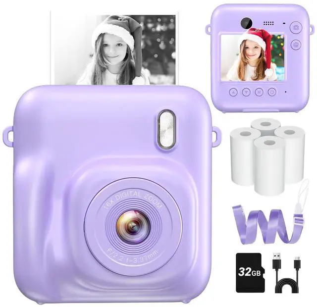 Main image of Instant Camera, Dual-Lens Kids Camera Instant Print for Boys Girls Christmas Birthday Gifts, 1080P Digital Cameras for Kids Teens with Print Paper, 32GB Card, Toddle Toy for Age 4-12 Years(Purple)
