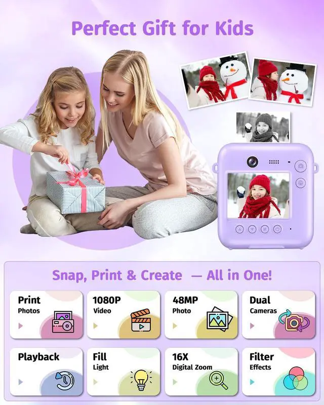 Alt view image 2 of 7 - Instant Camera, Dual-Lens Kids Camera Instant Print for Boys Girls Christmas Birthday Gifts, 1080P Digital Cameras for Kids Teens with Print Paper, 32GB Card, Toddle Toy for Age 4-12 Years(Purple)