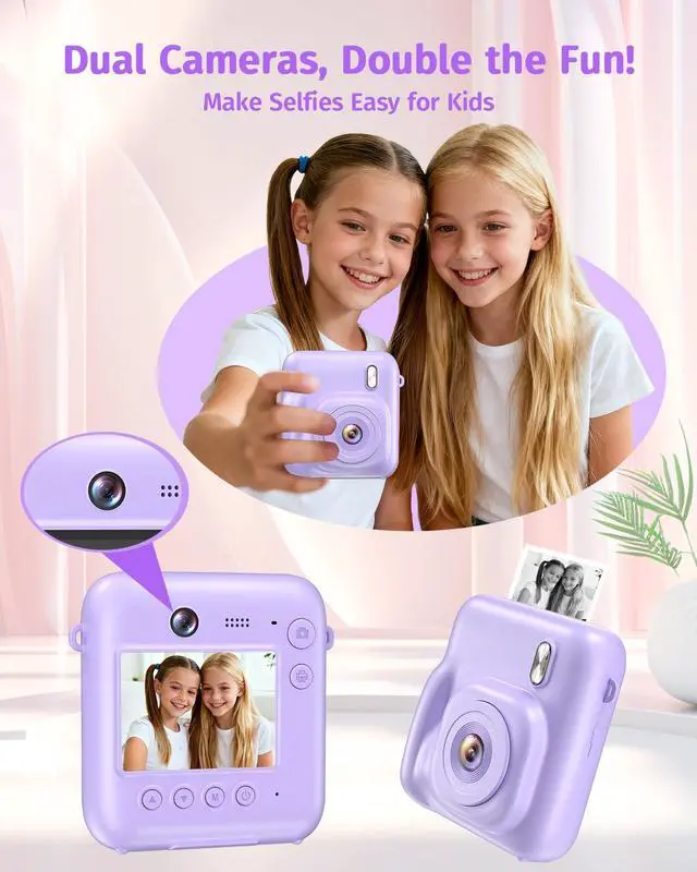Alt view image 3 of 7 - Instant Camera, Dual-Lens Kids Camera Instant Print for Boys Girls Christmas Birthday Gifts, 1080P Digital Cameras for Kids Teens with Print Paper, 32GB Card, Toddle Toy for Age 4-12 Years(Purple)