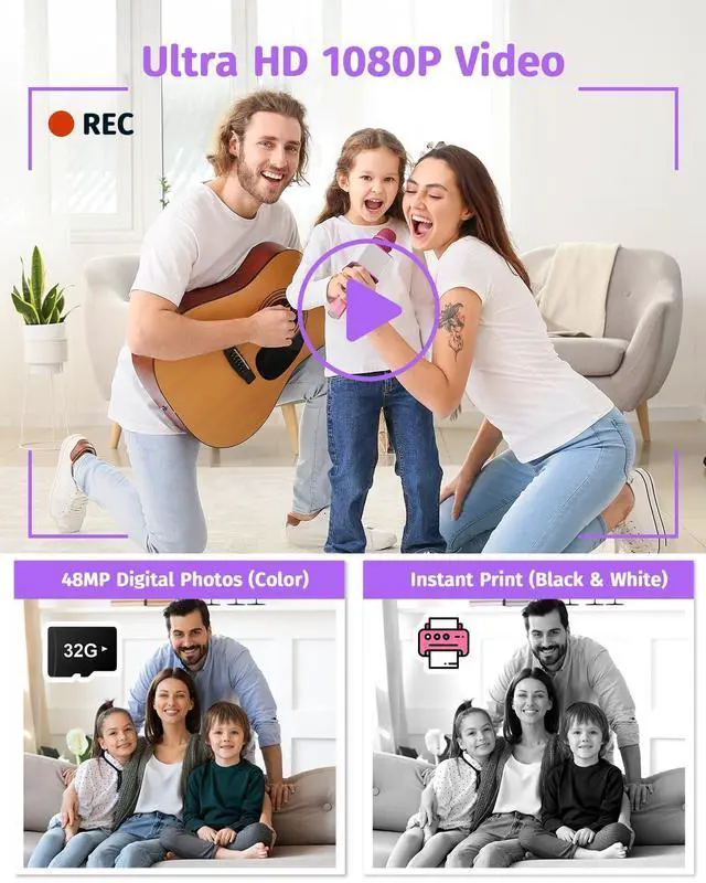 Alt view image 4 of 7 - Instant Camera, Dual-Lens Kids Camera Instant Print for Boys Girls Christmas Birthday Gifts, 1080P Digital Cameras for Kids Teens with Print Paper, 32GB Card, Toddle Toy for Age 4-12 Years(Purple)