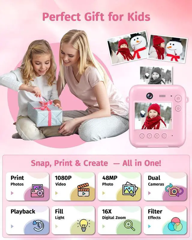 Alt view image 2 of 7 - Instant Camera, Dual-Lens Kids Camera Instant Print for Boys Girls Christmas Birthday Gifts, 1080P Digital Cameras for Kids Teens with Print Paper, 32GB Card, Toddle Toy for Age 4-12 Years(Pink)