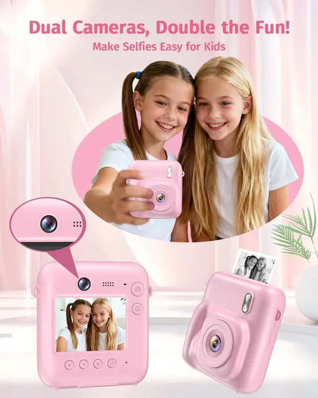 Alt view image 3 of 7 - Instant Camera, Dual-Lens Kids Camera Instant Print for Boys Girls Christmas Birthday Gifts, 1080P Digital Cameras for Kids Teens with Print Paper, 32GB Card, Toddle Toy for Age 4-12 Years(Pink)