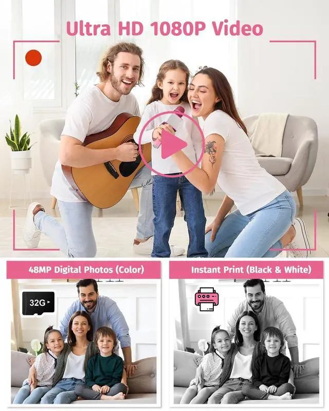 Alt view image 4 of 7 - Instant Camera, Dual-Lens Kids Camera Instant Print for Boys Girls Christmas Birthday Gifts, 1080P Digital Cameras for Kids Teens with Print Paper, 32GB Card, Toddle Toy for Age 4-12 Years(Pink)