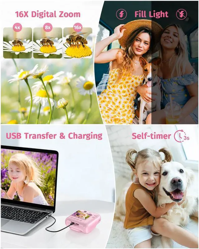 Alt view image 5 of 7 - Instant Camera, Dual-Lens Kids Camera Instant Print for Boys Girls Christmas Birthday Gifts, 1080P Digital Cameras for Kids Teens with Print Paper, 32GB Card, Toddle Toy for Age 4-12 Years(Pink)