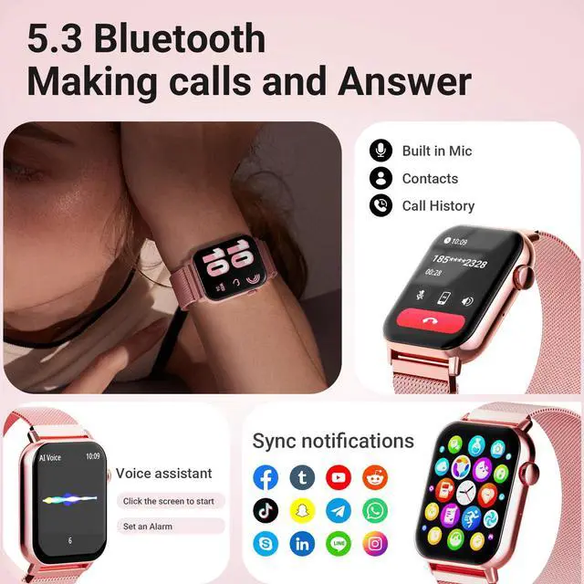 Alt view image 2 of 7 - Smart Watches for Women, 1.83'' HD Fitness Tracker with Answer/Make Calls, Heart Rate/Sleep/SpO2 Monitor, 120+ Sport Modes, IP68 Waterproof, Compatible iPhone/Samsung/Android Rose Pink