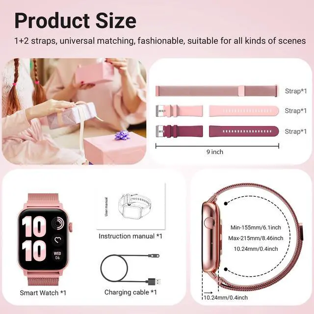 Alt view image 7 of 7 - Smart Watches for Women, 1.83'' HD Fitness Tracker with Answer/Make Calls, Heart Rate/Sleep/SpO2 Monitor, 120+ Sport Modes, IP68 Waterproof, Compatible iPhone/Samsung/Android Rose Pink