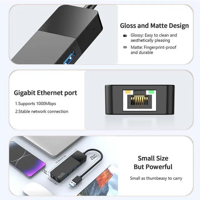 Alt view image 3 of 7 - ALL-LUCKY USB Hub with Ethernet Adapter, 4-in-1 USB 3.0 Gigabit Network Hub (1000Mbps, 3×USB 3.0 + RJ45), Plug and Play for Laptop/PC/MacBook/Surface Pro/Dell XPS/HP, Windows/Mac OS/Chrome OS