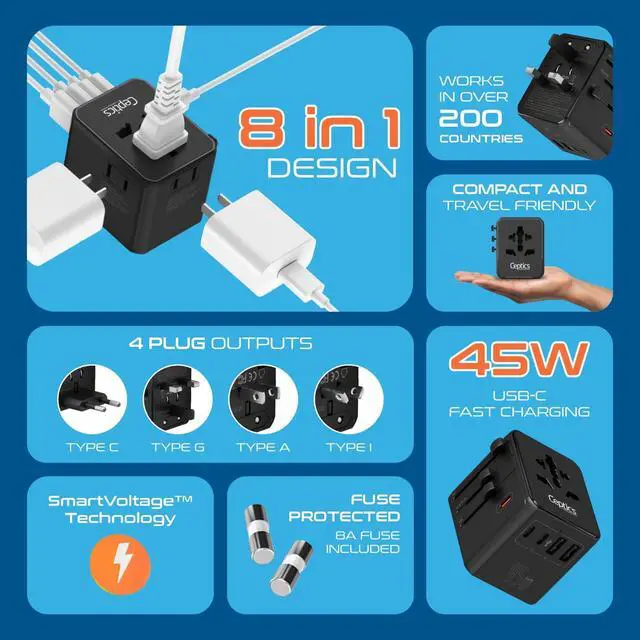 Alt view image 2 of 7 - 8 in 1 Universal Travel Adapter for EU, UK, US, AU and More, World Travel Adapter, 2X US Socket, Universal Socket, 3X USB-C and 2X USB-A, 45W Fast Charge UP-45KU-BL