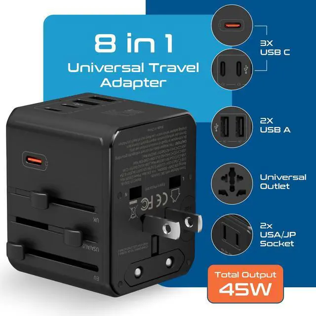 Alt view image 3 of 7 - 8 in 1 Universal Travel Adapter for EU, UK, US, AU and More, World Travel Adapter, 2X US Socket, Universal Socket, 3X USB-C and 2X USB-A, 45W Fast Charge UP-45KU-BL