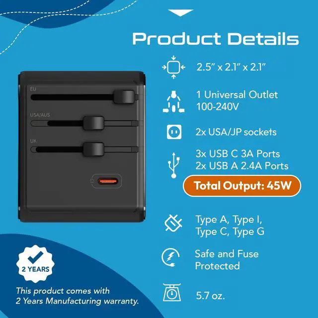 Alt view image 4 of 7 - 8 in 1 Universal Travel Adapter for EU, UK, US, AU and More, World Travel Adapter, 2X US Socket, Universal Socket, 3X USB-C and 2X USB-A, 45W Fast Charge UP-45KU-BL