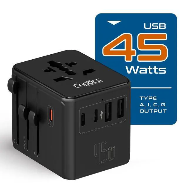 Alt view image 5 of 7 - 8 in 1 Universal Travel Adapter for EU, UK, US, AU and More, World Travel Adapter, 2X US Socket, Universal Socket, 3X USB-C and 2X USB-A, 45W Fast Charge UP-45KU-BL