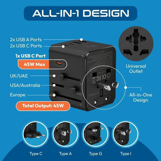 Alt view image 7 of 7 - 8 in 1 Universal Travel Adapter for EU, UK, US, AU and More, World Travel Adapter, 2X US Socket, Universal Socket, 3X USB-C and 2X USB-A, 45W Fast Charge UP-45KU-BL