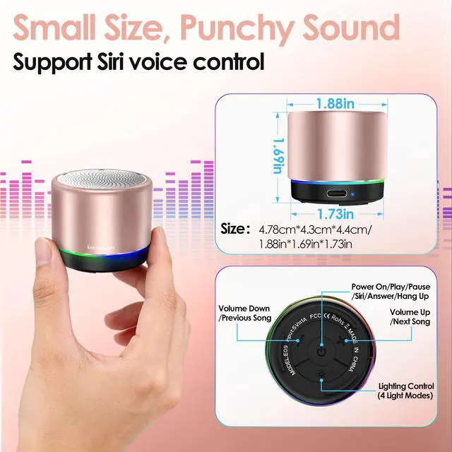 Alt view image 5 of 7 - Portable Bluetooth Speaker, Mini Speakers with RGB Ligths, 12 Hours Playtime, Buit in Microphone, Metal Cover, Small Blue Tooth Speaker with Lound Stereo Sound for Bike/Bedroom/Office(Pink)