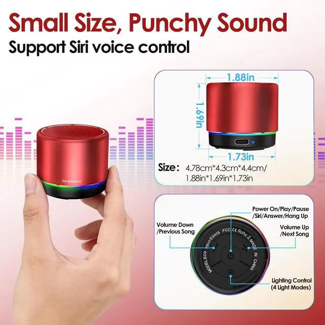 Alt view image 5 of 7 - Portable Bluetooth Speaker, Mini Speakers with RGB Ligths, 12 Hours Playtime, Metal Cover, Buit in Microphone, Small Blue Tooth Speaker with Lound Stereo Sound for Bike/Bedroom/Office(Red)