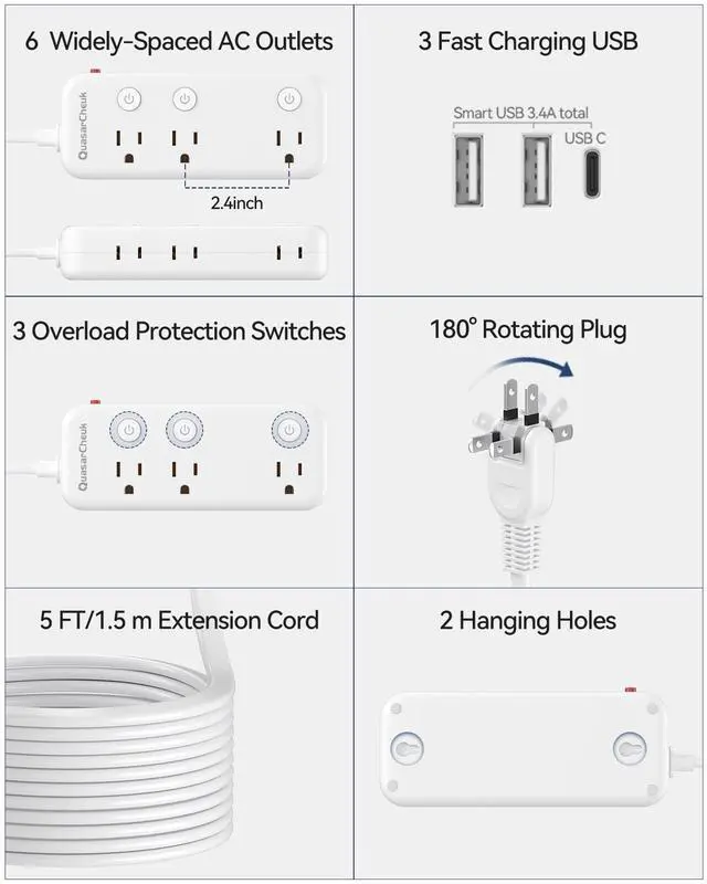 Alt view image 3 of 7 - 2 Prong Power Strip - 2 Prong to 3 Prong Outlet Adapter, 2 Prong Extension Cord with USB C, Surge Protector 1875W with 6 Outlets 3 USB, Three Prong Adapter 5ft, Wall Mount, Non Grounded, Old House