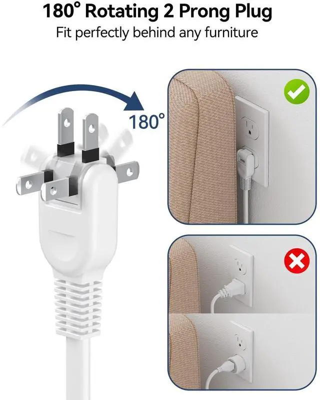 Alt view image 4 of 7 - 2 Prong Power Strip - 2 Prong to 3 Prong Outlet Adapter, 2 Prong Extension Cord with USB C, Surge Protector 1875W with 6 Outlets 3 USB, Three Prong Adapter 5ft, Wall Mount, Non Grounded, Old House