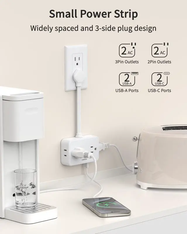 Alt view image 3 of 7 - Flat Plug Extension Cord, 0.5Ft Short Power Strip with 4 Outlets & 4 USB Ports(2 USB C), No Surge Protector for Cruise Ship, Multiple Outlet Small Power Strip for Home Office Travel