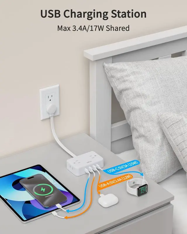 Alt view image 5 of 7 - Flat Plug Extension Cord, 0.5Ft Short Power Strip with 4 Outlets & 4 USB Ports(2 USB C), No Surge Protector for Cruise Ship, Multiple Outlet Small Power Strip for Home Office Travel