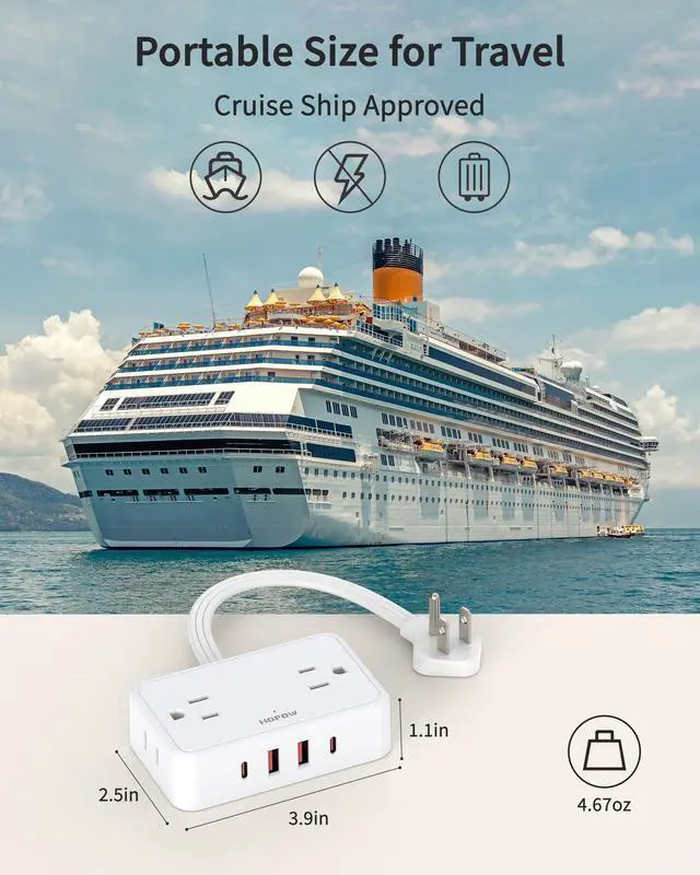 Alt view image 7 of 7 - Flat Plug Extension Cord, 0.5Ft Short Power Strip with 4 Outlets & 4 USB Ports(2 USB C), No Surge Protector for Cruise Ship, Multiple Outlet Small Power Strip for Home Office Travel