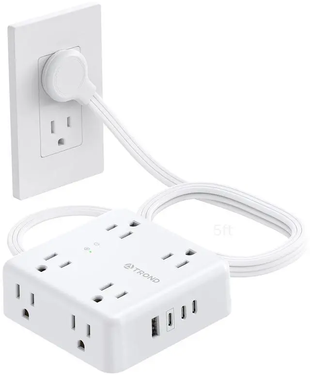 Main image of Surge Protector Power Strip, 5FT Flat Plug Extension Cord with 8 Outlets & 4 USB Ports (3 USB C), 1625W, Wall Mount Outlet Extender for Home Office Dorm Room Essentials, White