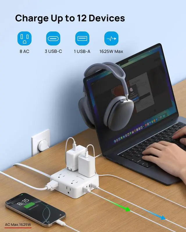 Alt view image 2 of 7 - Surge Protector Power Strip, 5FT Flat Plug Extension Cord with 8 Outlets & 4 USB Ports (3 USB C), 1625W, Wall Mount Outlet Extender for Home Office Dorm Room Essentials, White