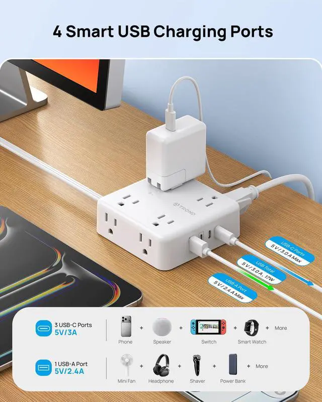 Alt view image 3 of 7 - Surge Protector Power Strip, 5FT Flat Plug Extension Cord with 8 Outlets & 4 USB Ports (3 USB C), 1625W, Wall Mount Outlet Extender for Home Office Dorm Room Essentials, White