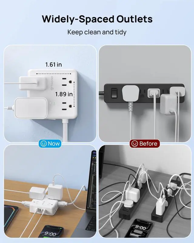 Alt view image 5 of 7 - Surge Protector Power Strip, 5FT Flat Plug Extension Cord with 8 Outlets & 4 USB Ports (3 USB C), 1625W, Wall Mount Outlet Extender for Home Office Dorm Room Essentials, White