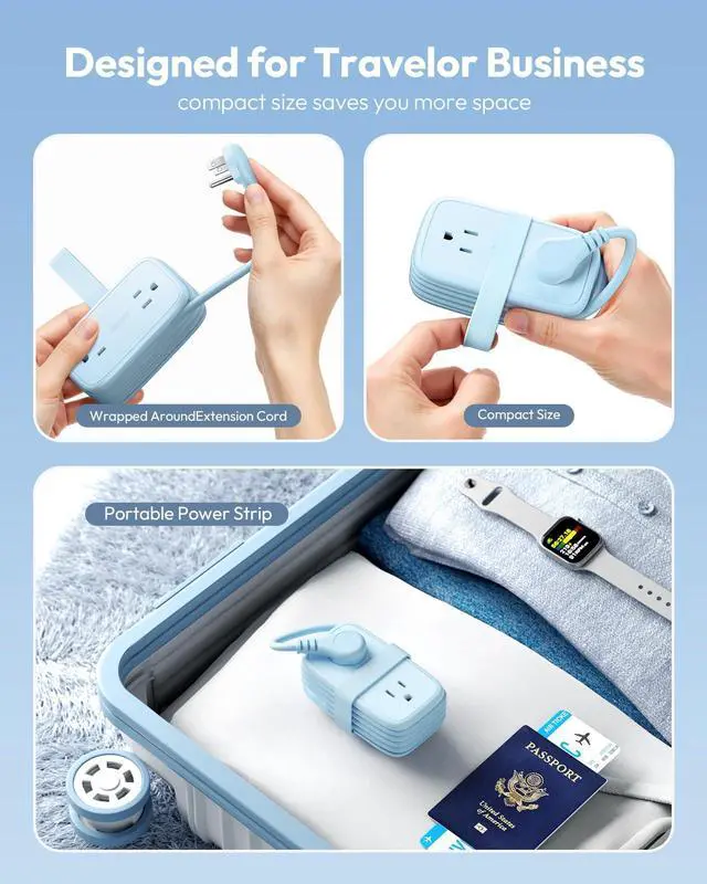 Alt view image 2 of 6 - Travel Power Strip,Travel Essentials 4 Outlets 3 USB(1 C) with 4FT Wrapped Extension Cord Flat Plug, Cruise Essentials 2026 for Hotel Travel Cruise Essentials, Blue