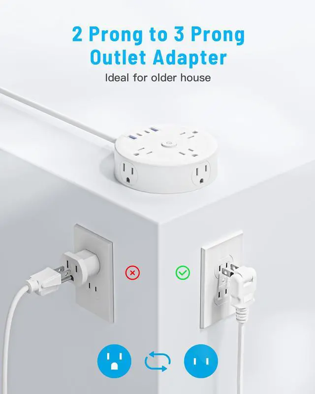 Alt view image 3 of 5 - 10FT 2 Prong Power Strip, 2 Prong to 3 Prong Outlet Adapter, Flat Extension Cord, Charging Station with Rotating Plug, 6 Outlets 4 USB(2 USB C), Wall Mount, Ideal for Non-Grounded Outlets