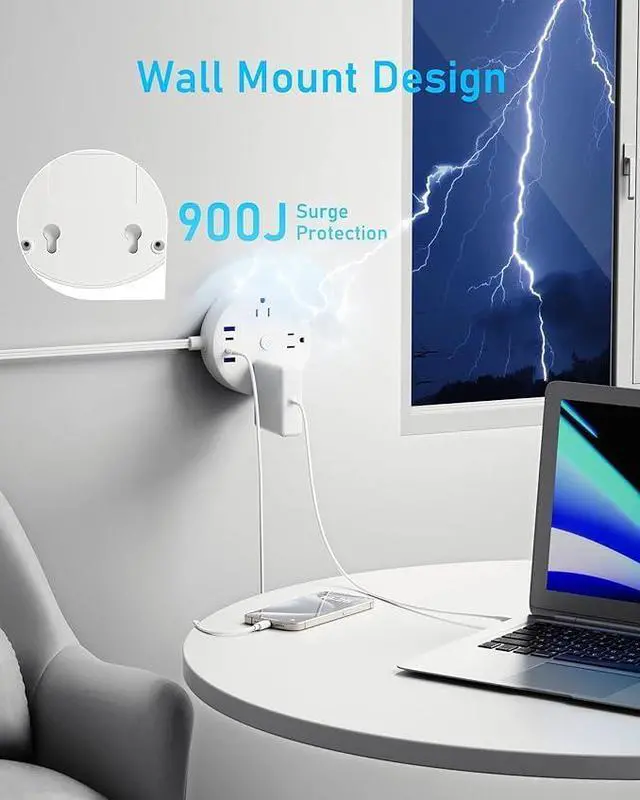 Alt view image 4 of 5 - 10FT 2 Prong Power Strip, 2 Prong to 3 Prong Outlet Adapter, Flat Extension Cord, Charging Station with Rotating Plug, 6 Outlets 4 USB(2 USB C), Wall Mount, Ideal for Non-Grounded Outlets