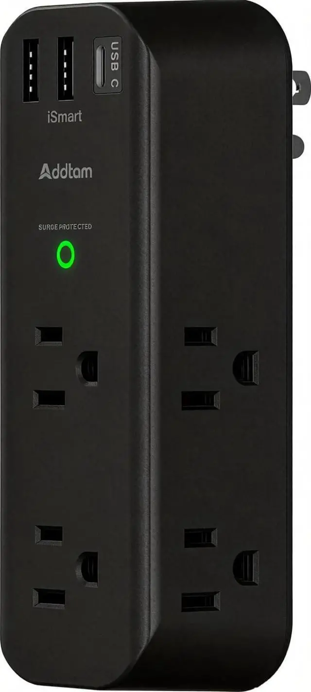 Main image of Surge Protector Outlet Extender with Rotating Plug, 6 AC Outlets & 3 USB Ports, 1800J Wall Power Strip, 3-Sided Spaced Outlet Splitter for Home, Office, Travel, Black