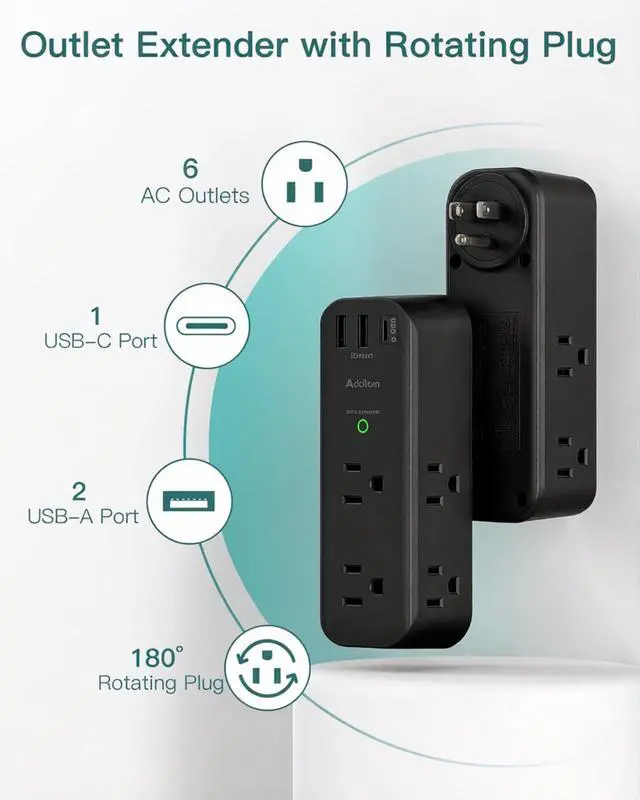 Alt view image 2 of 4 - Surge Protector Outlet Extender with Rotating Plug, 6 AC Outlets & 3 USB Ports, 1800J Wall Power Strip, 3-Sided Spaced Outlet Splitter for Home, Office, Travel, Black