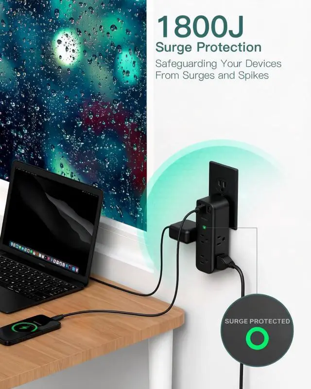 Alt view image 3 of 4 - Surge Protector Outlet Extender with Rotating Plug, 6 AC Outlets & 3 USB Ports, 1800J Wall Power Strip, 3-Sided Spaced Outlet Splitter for Home, Office, Travel, Black