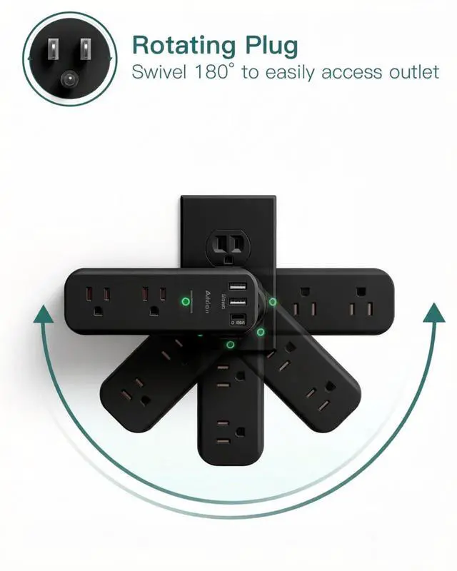 Alt view image 4 of 4 - Surge Protector Outlet Extender with Rotating Plug, 6 AC Outlets & 3 USB Ports, 1800J Wall Power Strip, 3-Sided Spaced Outlet Splitter for Home, Office, Travel, Black