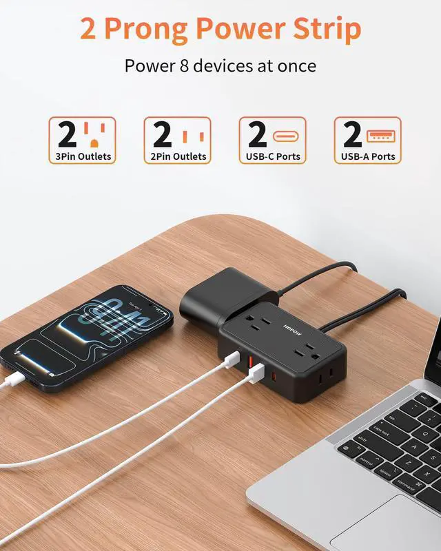 Alt view image 3 of 7 - 2 Prong Power Strip, 2 Prong to 3 Prong Outlet Adapter with 4 AC Outlets & 4 USB(2 USB-C), 6FT Two Prong Surge Protector, 900 Joules, Wall Mount Extension Cord for Non-Grounded Outlet, Black