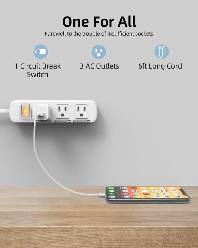 Alt view image 2 of 6 - Power Strip Surge Protector Flat Plug, Extension Cord 6 Feet 3 Prong, 3 Outlets, 300J, 10A/1250W, Overload protection Switch, Plug Strip for Home Office, Child Safety Slide Outlet Covers, SGS Approved