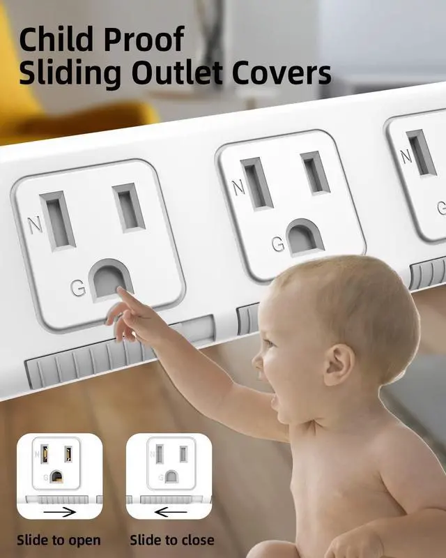 Alt view image 3 of 6 - Power Strip Surge Protector Flat Plug, Extension Cord 6 Feet 3 Prong, 3 Outlets, 300J, 10A/1250W, Overload protection Switch, Plug Strip for Home Office, Child Safety Slide Outlet Covers, SGS Approved