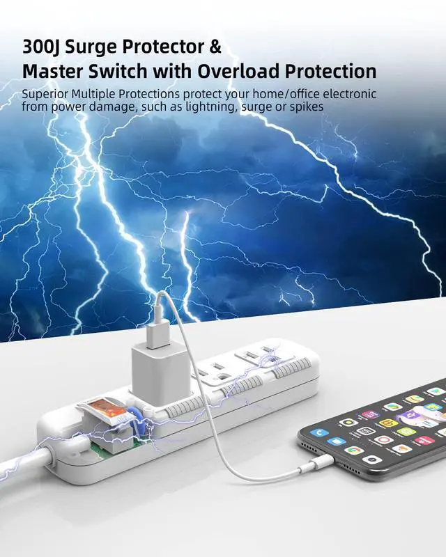 Alt view image 5 of 6 - Power Strip Surge Protector Flat Plug, Extension Cord 6 Feet 3 Prong, 3 Outlets, 300J, 10A/1250W, Overload protection Switch, Plug Strip for Home Office, Child Safety Slide Outlet Covers, SGS Approved