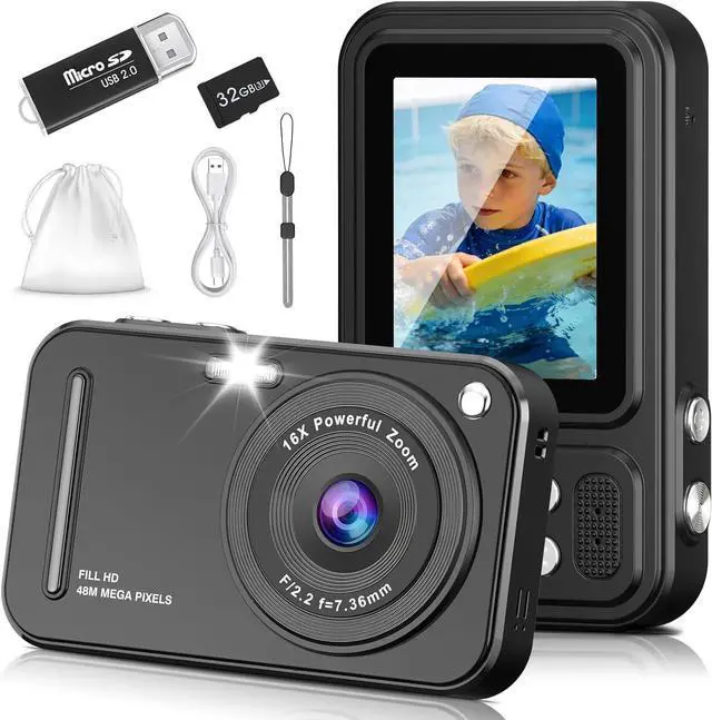 Main image of Digital Camera for Kids, 48MP FHD 1080P Point and Shoot Digital Cameras with 16X Zoom Anti-Shake, Compact Portable Cameras for Photography, for Boys Girls Teens Beginners-Black