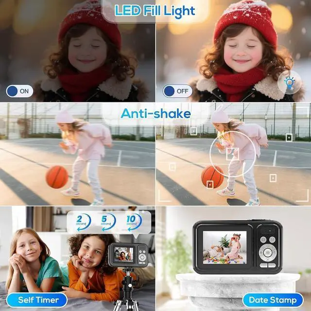 Alt view image 6 of 7 - Digital Camera for Kids, 48MP FHD 1080P Point and Shoot Digital Cameras with 16X Zoom Anti-Shake, Compact Portable Cameras for Photography, for Boys Girls Teens Beginners-Black