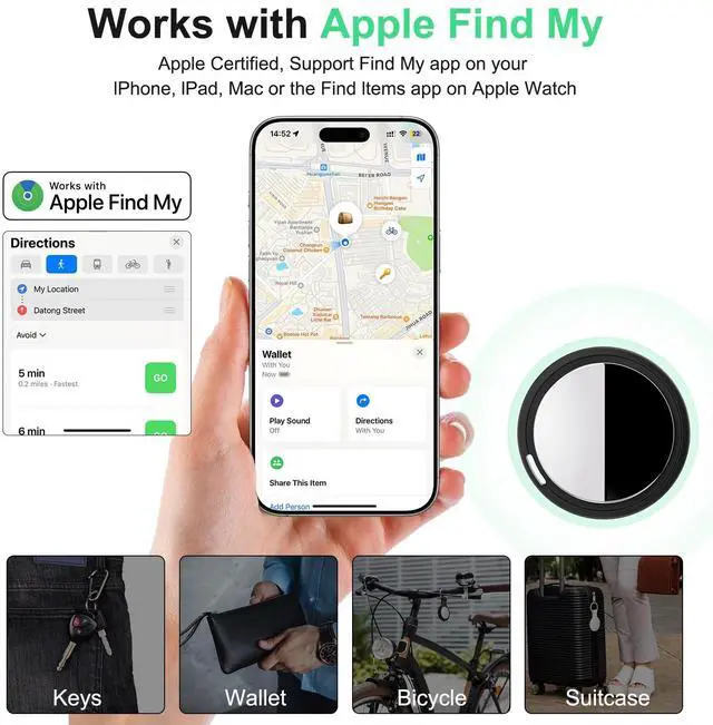 Alt view image 2 of 7 - Air Tracker Tag Works with Apple Find My (iOS Only) Includes Replaceable Battery, Bluetooth Smart Item Locator Key Finder for Keys, Luggage, Wallet, Pet, Car, Bike (Black, 2-Pack)