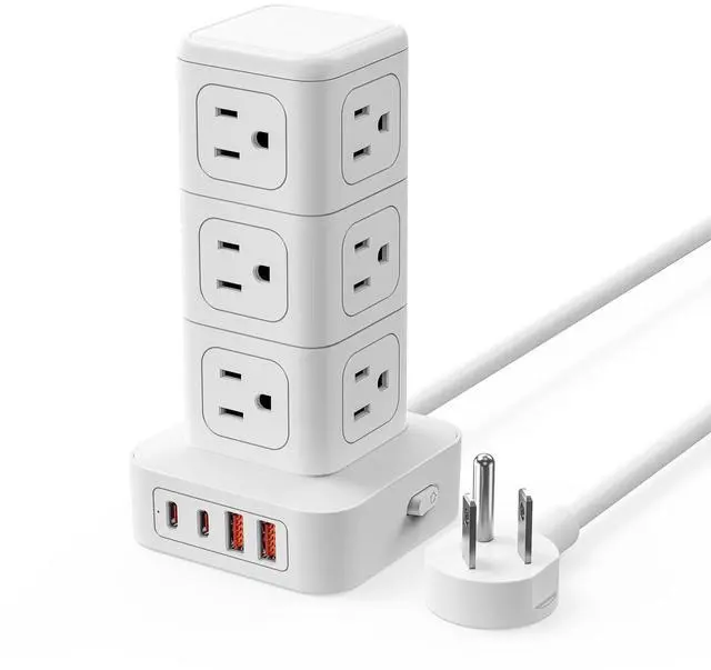 Main image of Tower Power Strip with Surge Protection, Charging Station Tower with 12 AC Outlets 4 USB Ports (2 USB C), Space Saving Design, 5FT Tower Extension Cord for Home, Office, Dorm - TPP20