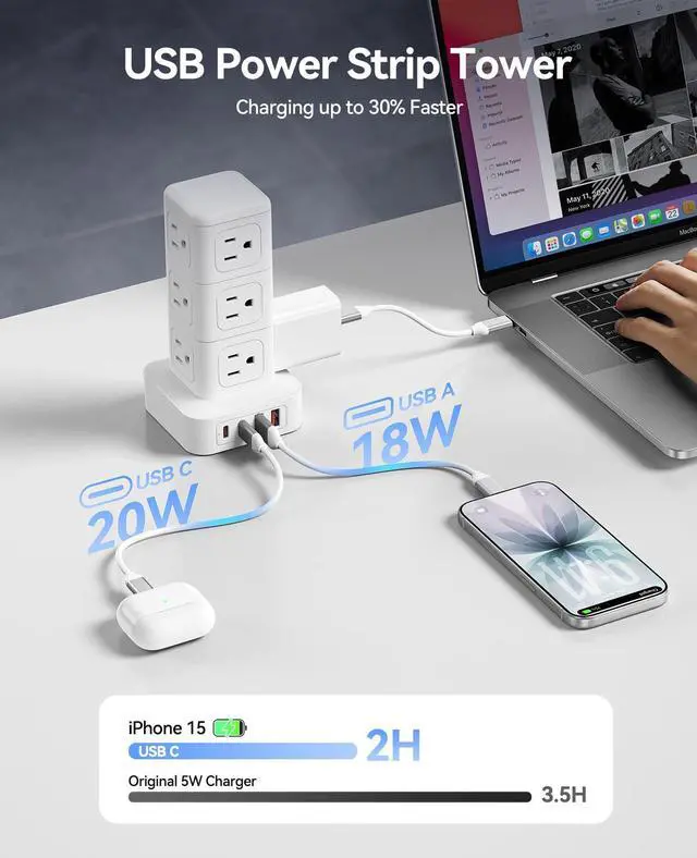 Alt view image 3 of 7 - Tower Power Strip with Surge Protection, Charging Station Tower with 12 AC Outlets 4 USB Ports (2 USB C), Space Saving Design, 5FT Tower Extension Cord for Home, Office, Dorm - TPP20