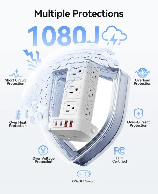 Alt view image 4 of 7 - Tower Power Strip with Surge Protection, Charging Station Tower with 12 AC Outlets 4 USB Ports (2 USB C), Space Saving Design, 5FT Tower Extension Cord for Home, Office, Dorm - TPP20